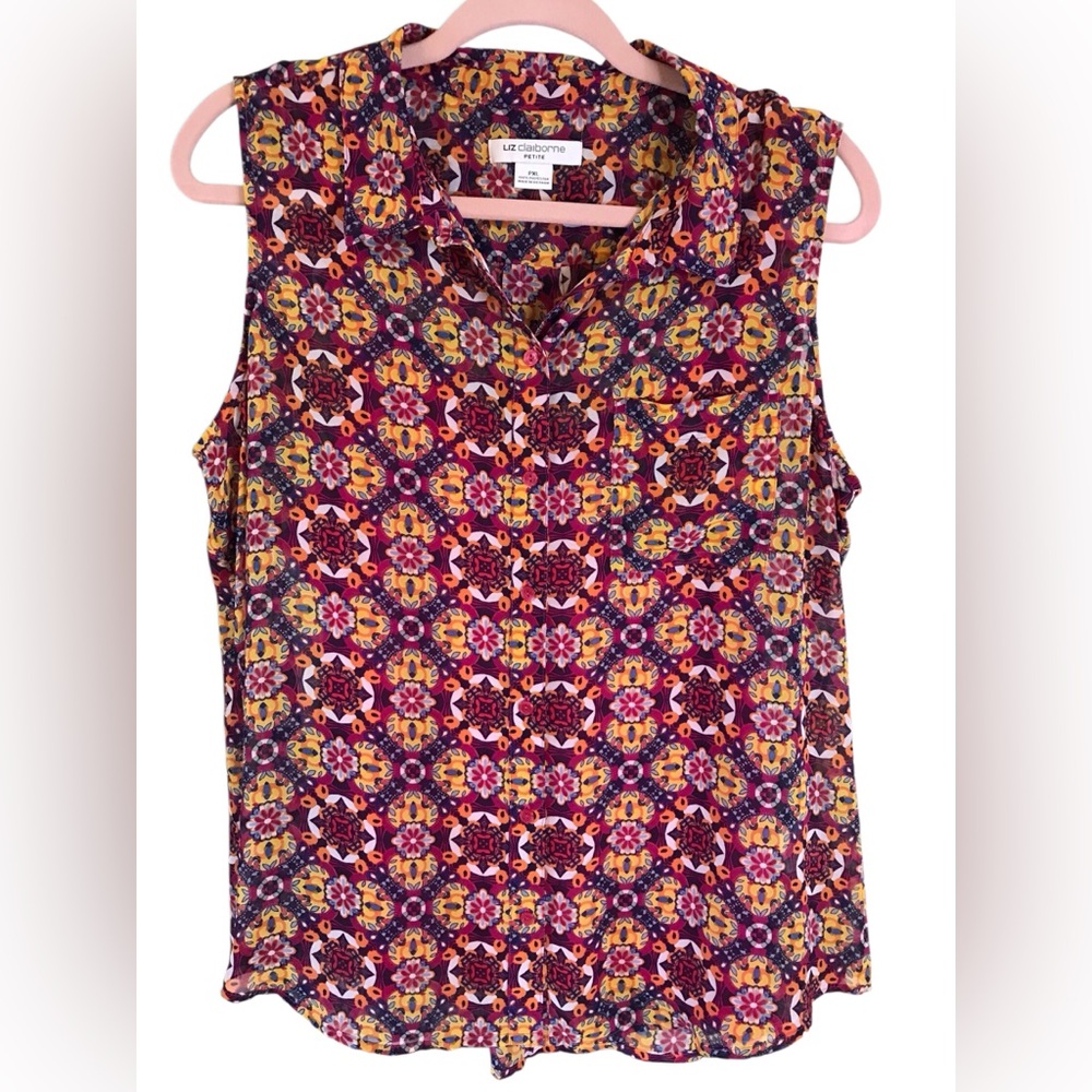 Liz Claiborne Women’s Sleeveless w/cami abstract‎ Blouse V-Neck Button-Down PXl
